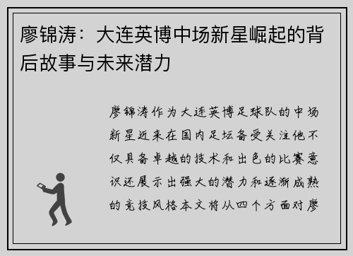 廖锦涛：大连英博中场新星崛起的背后故事与未来潜力